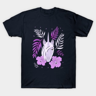 Pink Unicorn Tropical Hibiscus and Leaves T-Shirt